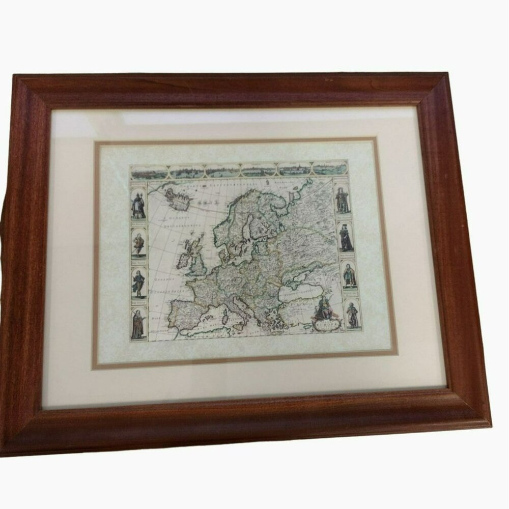 Vintage Framed Nova Europae Descriptio Map Print, F. De Wit, Wood Frame Matted